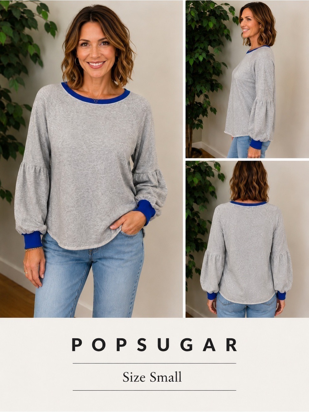 POPSUGAR Women’s Size Small Gray Balloon Sleeve Sweatshirt Blue Trim NWT